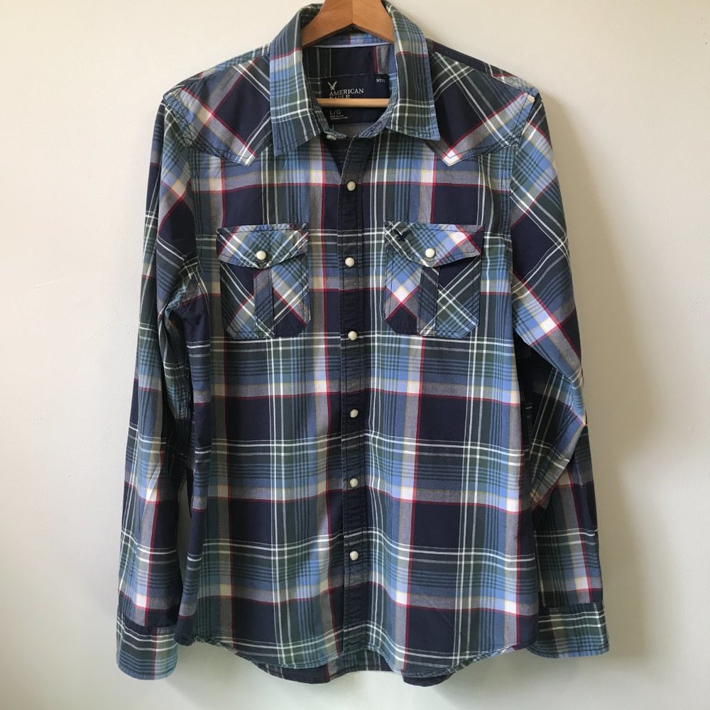 Men's American Eagle Plaid Long Sleeve Button Up Shirt, Size L